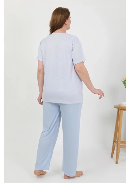 Moda Kadın Büyük Beden Kısa Kol Penye Pijama Takımı Mavi fırsatları