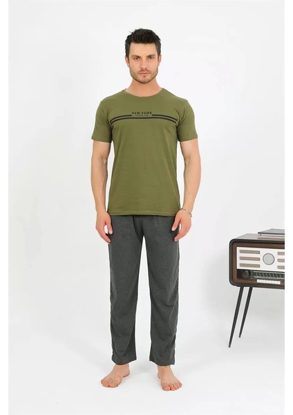 Moda Erkek Pamuk Kısa Kol Pijama Takım Haki