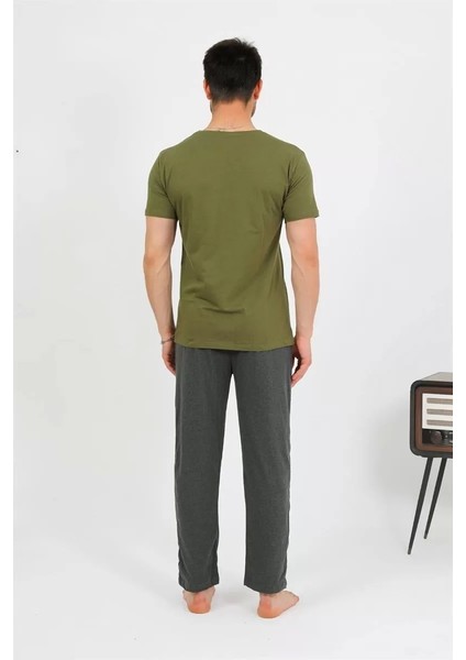 Moda Erkek Pamuk Kısa Kol Pijama Takım Haki