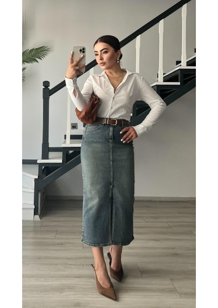 Kahve Tintli Kemerli Yırtmaçlı Denim Etek fiyatları