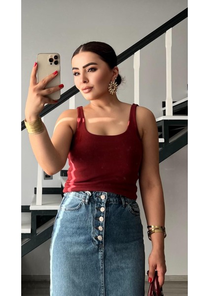 Bordo Kare Yaka Fitilli Askılı Atlet modelleri