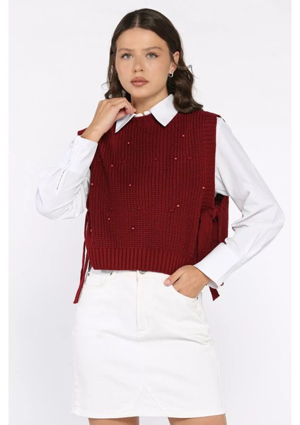 Yan Bağlamalı Incili Triko Süveter (S-M-L-Xl Uyumludur) P-00017994