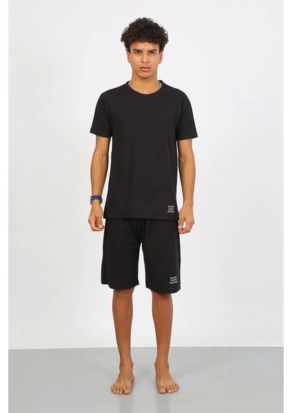 Moda Erkek Pamuk Lakost Alt Üst Kaprili Pijama Takım Siyah