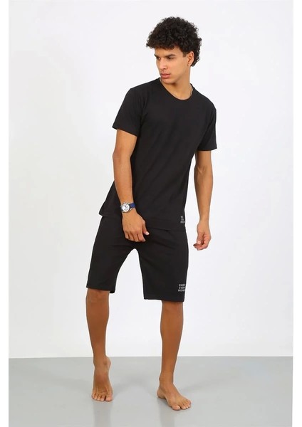 Moda Erkek Pamuk Lakost Alt Üst Kaprili Pijama Takım Siyah