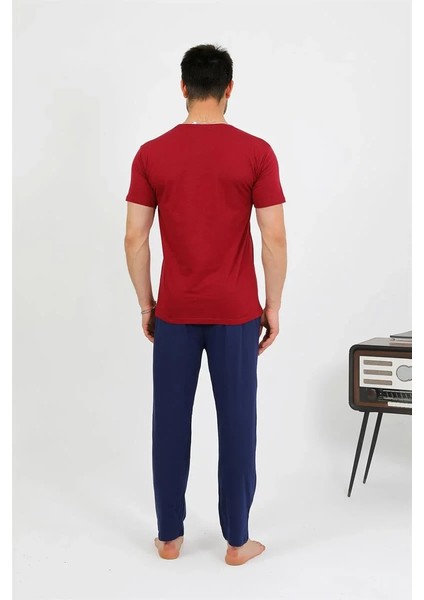 Moda Erkek Pamuk Kısa Kol Pijama Takım Bordo indirimleri