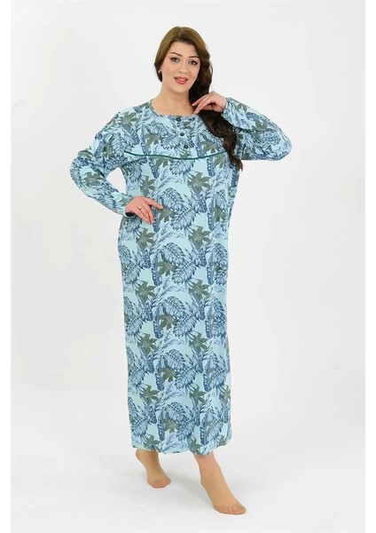 Moda Kadın Büyük Beden Uzun Kol Mavi Anne Gecelik
