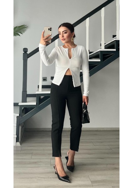 Beyaz Fermuar Detaylı Uzun Kollu Bluz fırsatları