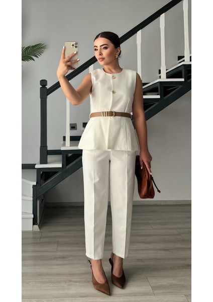 Beyaz Kemerli Duble Crep Pantolon fiyatları