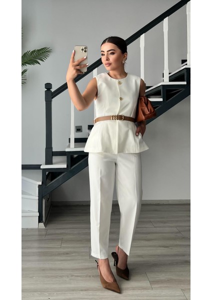 Beyaz Kemerli Duble Crep Pantolon modelleri