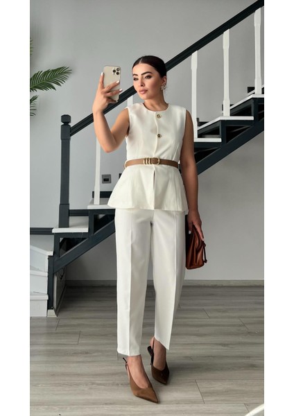 Beyaz Kemerli Duble Crep Pantolon indirimleri