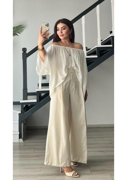 Ekru Pilili Geniş Paça Pantolon modelleri