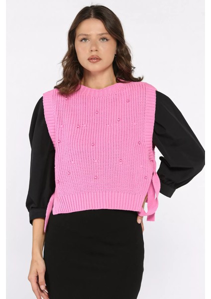 Yan Bağlamalı Incili Triko Süveter (S-M-L-Xl Uyumludur) P-00017994