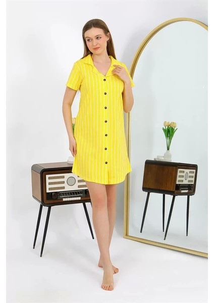 Moda Kadın Pamuk Penye Kısa Kol Düğmeli Sarı Tunik Gecelik