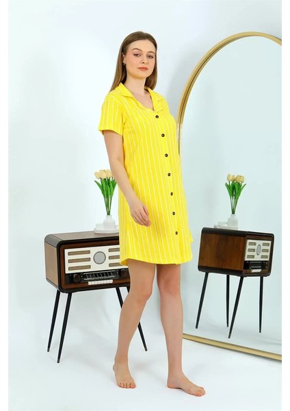 Moda Kadın Pamuk Penye Kısa Kol Düğmeli Sarı Tunik Gecelik modelleri