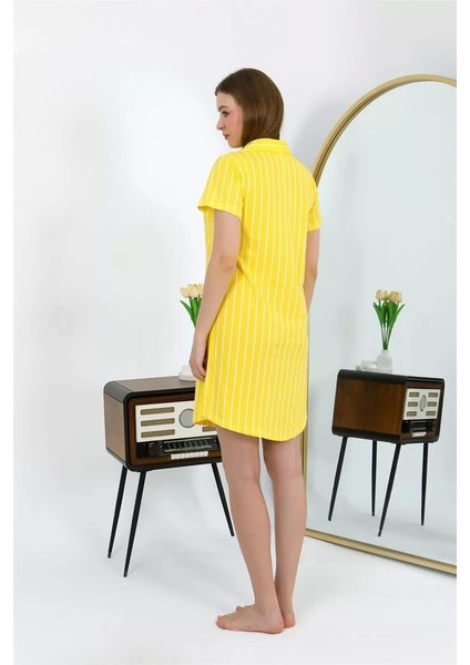 Moda Kadın Pamuk Penye Kısa Kol Düğmeli Sarı Tunik Gecelik fırsatları