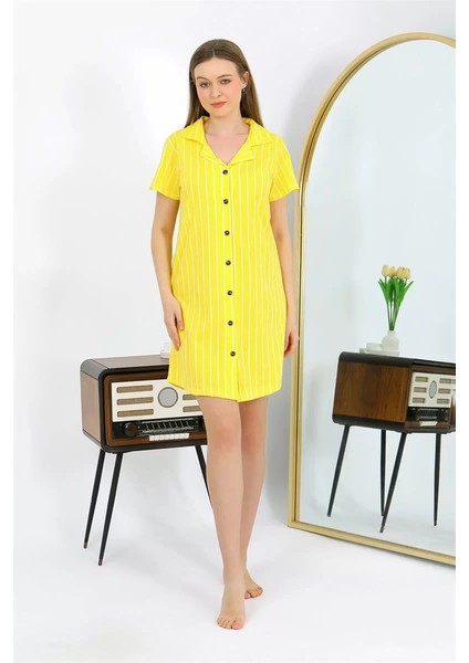 Moda Kadın Pamuk Penye Kısa Kol Düğmeli Sarı Tunik Gecelik indirimleri