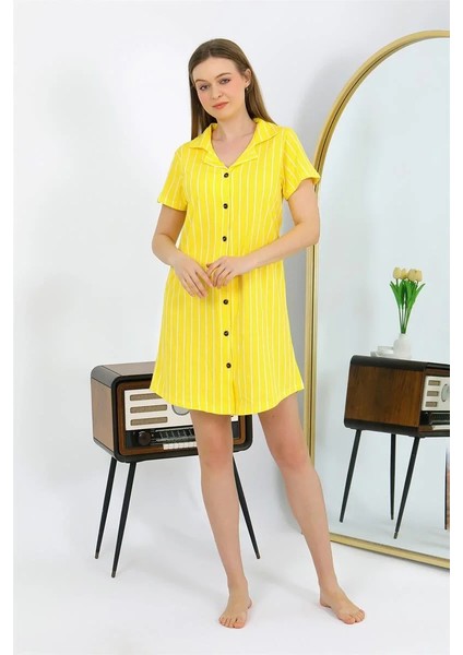 Moda Kadın Pamuk Penye Kısa Kol Düğmeli Sarı Tunik Gecelik