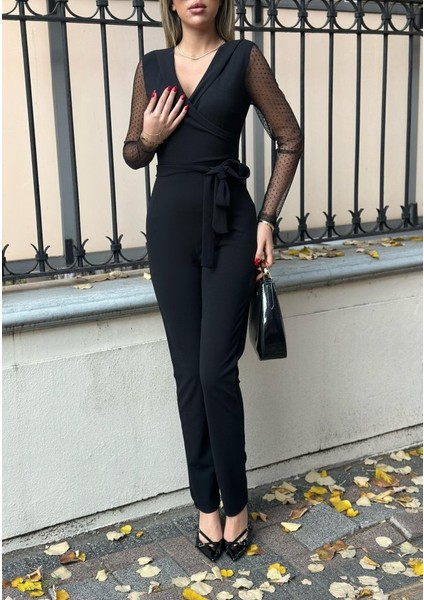 Krep Kumaş Kol Tül Puan Detaylı Kuşaklı Tulum 141 cm fiyatları