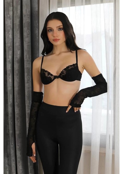 Moda Kadın Balenli Dantelli Toparlayıcı Sütyen Takım Siyah