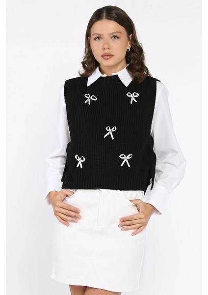 Yan Bağlamalı Fiyonklu Triko Süveter (S-M-L-Xl Uyumludur) P-00017992