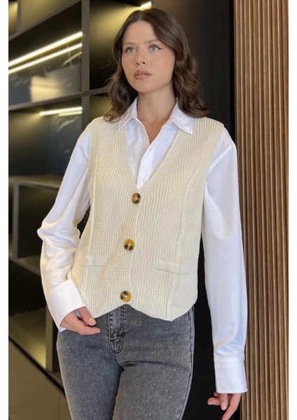 Kadın Düğmeli Triko Yelek (S-M-L-Xl Uyumludur) P-00017991