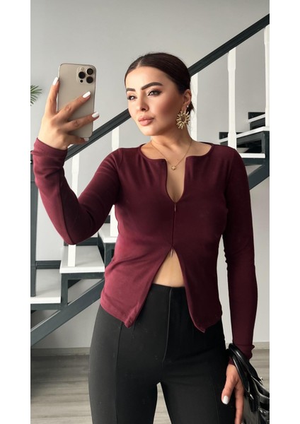 Bordo Fermuar Detaylı Uzun Kollu Bluz