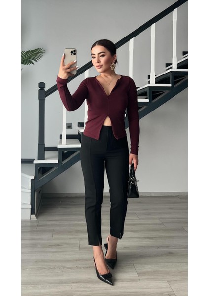 Bordo Fermuar Detaylı Uzun Kollu Bluz modelleri