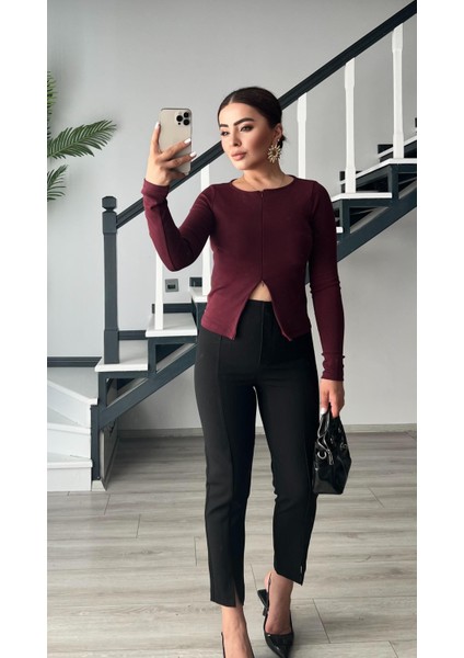 Bordo Fermuar Detaylı Uzun Kollu Bluz fırsatları