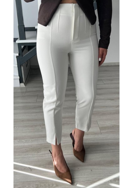 Beyaz Paça Yırtmaçlı Likralı Kumaş Pantolon fiyatları