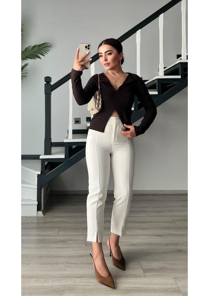 Beyaz Paça Yırtmaçlı Likralı Kumaş Pantolon fırsatları