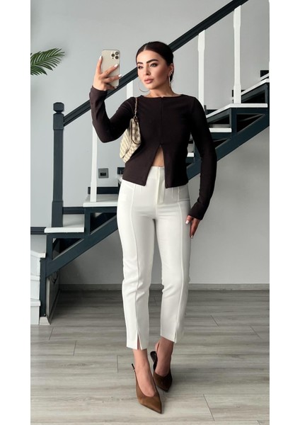 Beyaz Paça Yırtmaçlı Likralı Kumaş Pantolon indirimleri