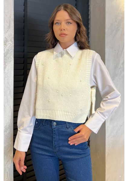 Yan Bağlamalı Incili Triko Süveter (S-M-L-Xl Uyumludur) P-00017994