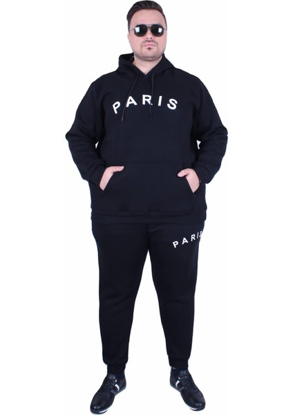 Erkek Büyük Beden 3 Iplik Eşofman Takım Paris TK25609 Sıyah