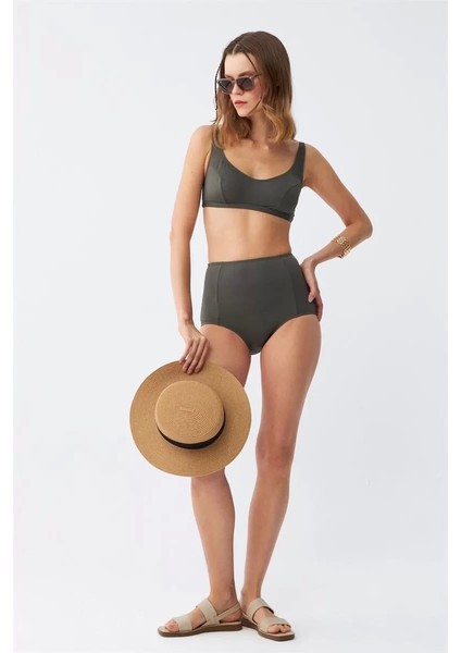 Moda Kadın Basic Haki Pedli Yüksek Bel Bikini Takımı
