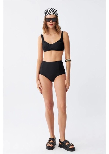 Moda Kadın Siyah Pedli Kare Yaka Yüksek Bel Bikini Takımı