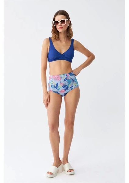 Moda Kadın Pedli Yaprak Desenli Yüksek Bel Sax Bikini Takımı