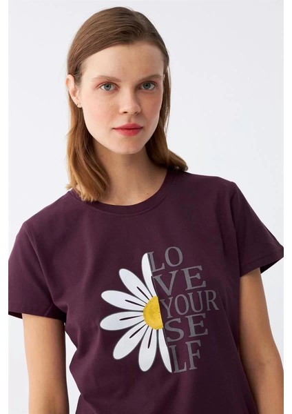 Moda Kadın Mürdüm Papatya Baskılı Kısa Kollu Penye Pijama Takımı fırsatları