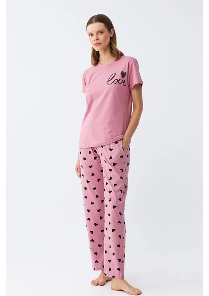 Moda Kadın Somon Kalp Desenli Kısa Kollu Penye Pijama Takımı
