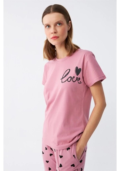 Moda Kadın Somon Kalp Desenli Kısa Kollu Penye Pijama Takımı indirimleri