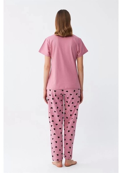 Moda Kadın Somon Kalp Desenli Kısa Kollu Penye Pijama Takımı