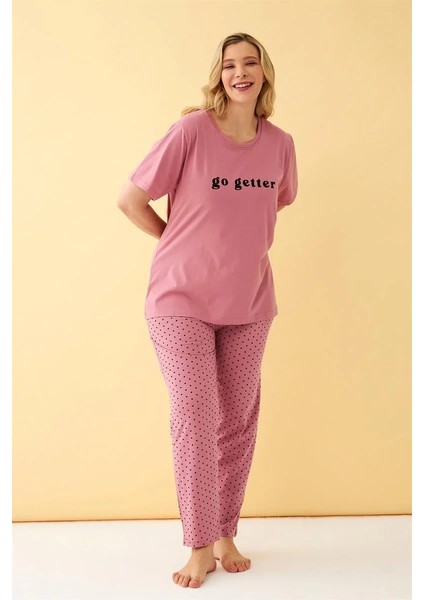 Moda Kadın Somon Go Getter Yazılı Büyük Beden Pijama Takımı fırsatları