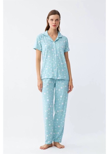 Moda Kadın Buz Mavisi Yıldız Desenli Önden Düğmeli Pijama Takımı fiyatları