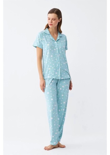 Moda Kadın Buz Mavisi Yıldız Desenli Önden Düğmeli Pijama Takımı fırsatları