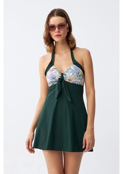 Moda Kadın Çiçek Desenli Fiyonklu Haki Elbise Mayo