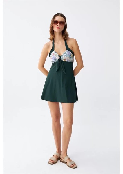 Moda Kadın Çiçek Desenli Fiyonklu Haki Elbise Mayo fiyatları