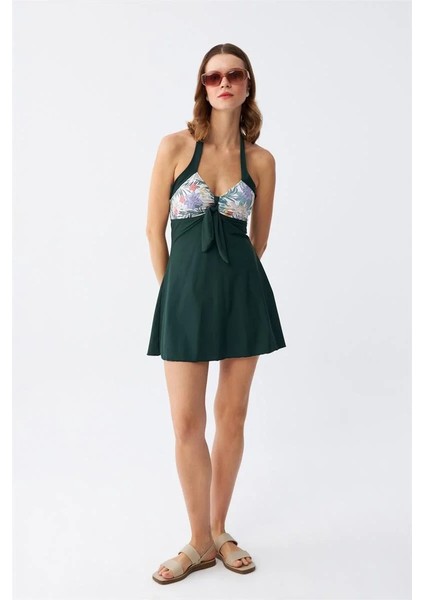 Moda Kadın Çiçek Desenli Fiyonklu Haki Elbise Mayo modelleri