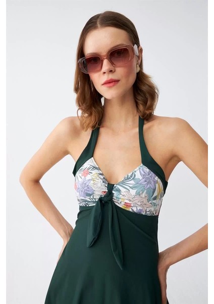 Moda Kadın Çiçek Desenli Fiyonklu Haki Elbise Mayo fırsatları