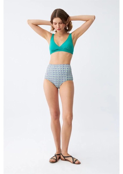 Moda Kadın Yeşil Pedli Geometrik Desenli Yüksek Bel Bikini Takımı