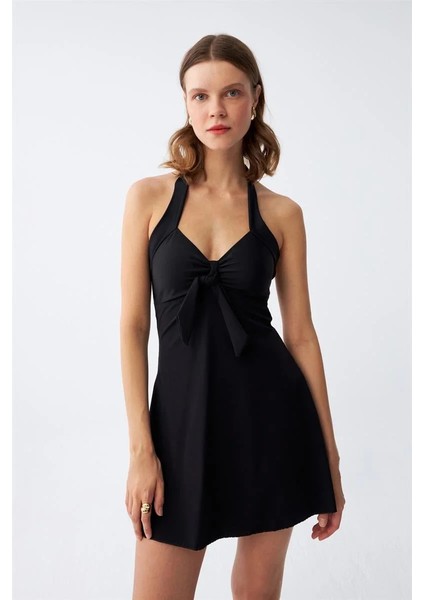 Moda Kadın Fiyonklu Siyah Elbise Mayo