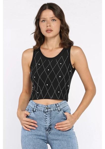 Taşlı Sıfır Kol Crop Top Bluz P-00017989